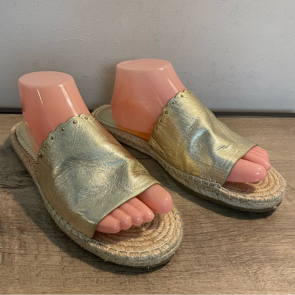 KATE SPADE New York GIOVANNA Gold Metallic LEATHER Espadrille SLIDE Sandals  10